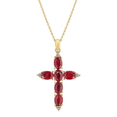 Sterling Silver Dyed Ruby Red Corundum Cross Pendant Over 18K Yellow Gold Plated With Chain 18 Inches