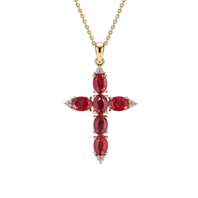 Sterling Silver Dyed Ruby Red Corundum Cross Pendant Over 18K Yellow Gold Plated With Chain 18 Inches