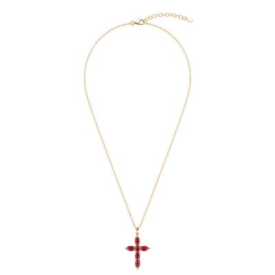 Sterling Silver Dyed Ruby Red Corundum Cross Pendant Over 18K Yellow Gold Plated With Chain 18 Inches