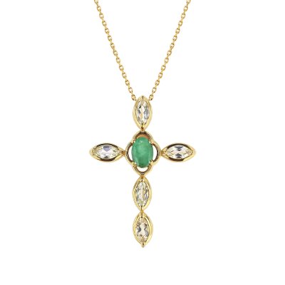 Sterling Silver Emerald With White Topaz Cross Pendant Over 18K Yellow Gold Plated With Chain 18 Inches
