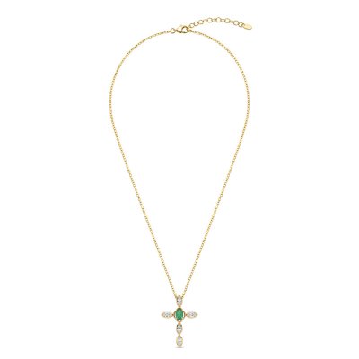 Sterling Silver Emerald With White Topaz Cross Pendant Over 18K Yellow Gold Plated With Chain 18 Inches