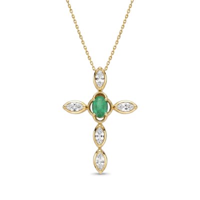 Sterling Silver Emerald With White Topaz Cross Pendant Over 18K Yellow Gold Plated With Chain 18 Inches