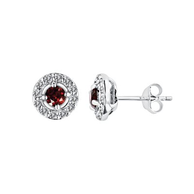 Sterling Silver Garnet With White Topaz Stud Earrings