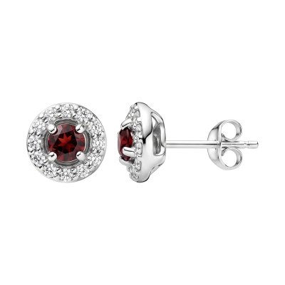 Sterling Silver Garnet With White Topaz Stud Earrings