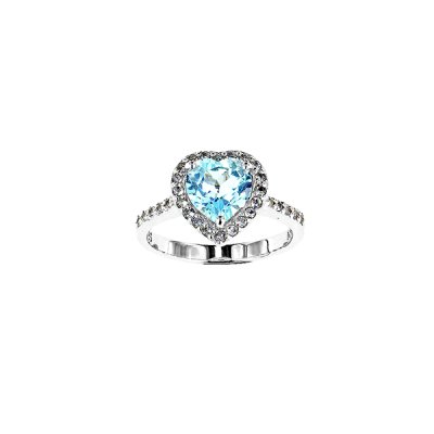 Sterling Silver Sky Blue Topaz With White Topaz Heart Ring