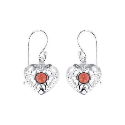 Sterling Silver Red Garnet Heart Over Earrings