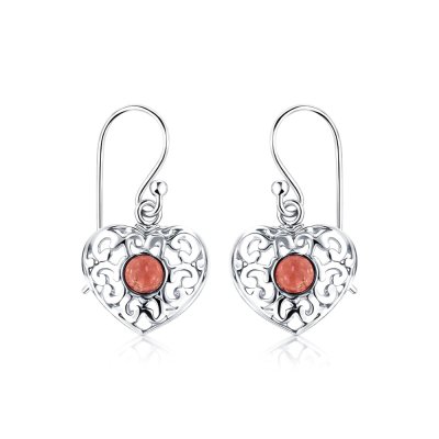 Sterling Silver Red Garnet Heart Over Earrings
