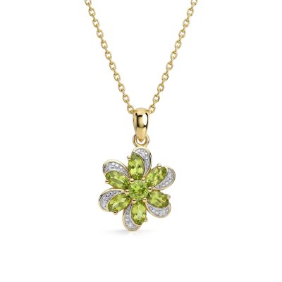 Sterling Silver Peridot With Cubic Zirconia Flower Pendant Over 18K Yellow Gold Plated With Chain 18 Inches