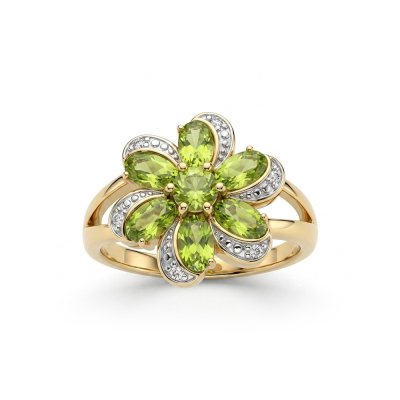 Sterling Silver Peridot With Cubic Zirconia Flower Ring Over 18K Yellow Gold Plated
