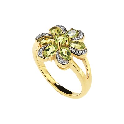 Sterling Silver Peridot With Cubic Zirconia Flower Ring Over 18K Yellow Gold Plated