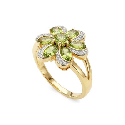 Sterling Silver Peridot With Cubic Zirconia Flower Ring Over 18K Yellow Gold Plated