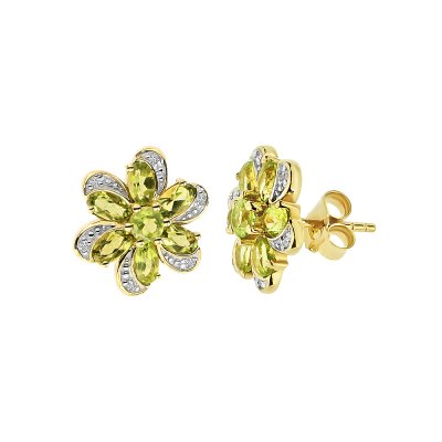 Sterling Silver Peridot With Cubic Zirconia Flower Earrings Over 18K Yellow Gold Plated