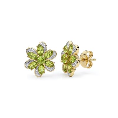 Sterling Silver Peridot With Cubic Zirconia Flower Earrings Over 18K Yellow Gold Plated