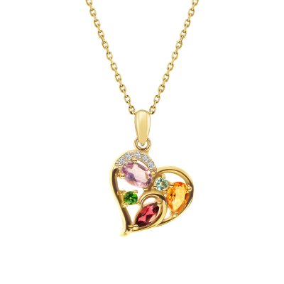 Sterling Silver Multi Gemstone Heart Pendant Over 18K Yellow Gold Plated With Chain 18 Inches