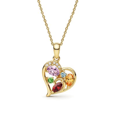 Sterling Silver Multi Gemstone Heart Pendant Over 18K Yellow Gold Plated With Chain 18 Inches