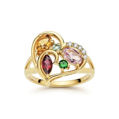Sterling Silver Multi Gemstone Heart Ring Over 18K Yellow Gold Plated