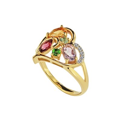 Sterling Silver Multi Gemstone Heart Ring Over 18K Yellow Gold Plated