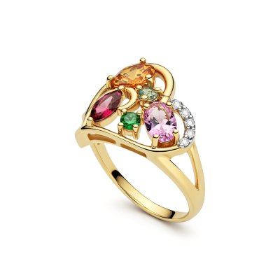 Sterling Silver Multi Gemstone Heart Ring Over 18K Yellow Gold Plated