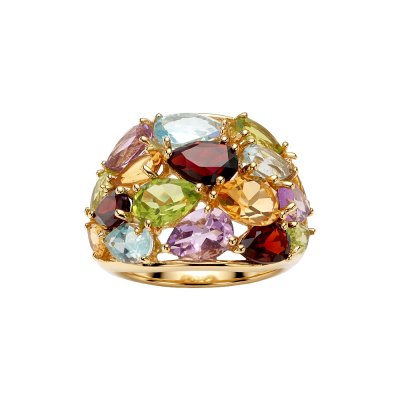 Sterling Silver Multi Colored Gemstone Ring Over 18K Yellow Gold Plated