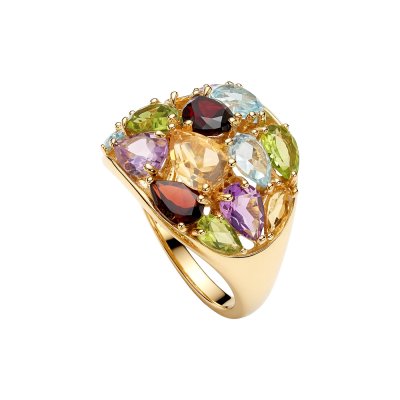 Sterling Silver Multi Colored Gemstone Ring Over 18K Yellow Gold Plated