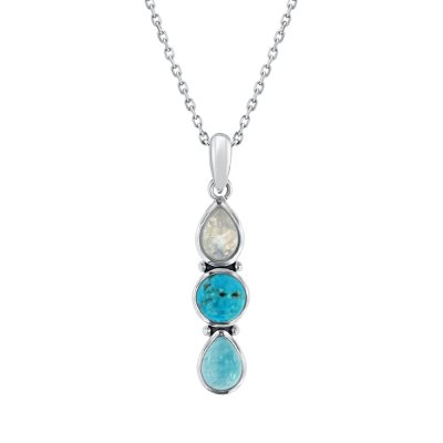 Sterling Silver Turquoise Larimar and Rainbow Moonstone Stone Pendant With Chain 18 Inches