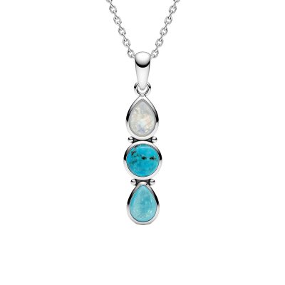 Sterling Silver Turquoise Larimar and Rainbow Moonstone Stone Pendant With Chain 18 Inches