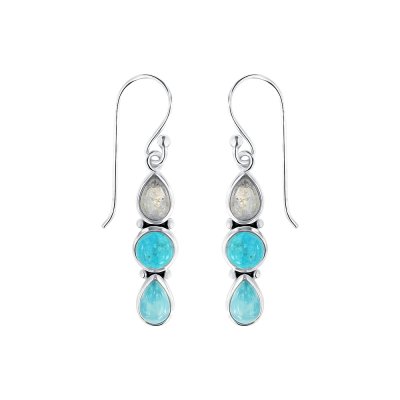 Sterling Silver Turquoise Larimar and Rainbow Moonstone Stone Earrings