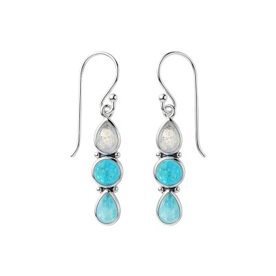 Sterling Silver Turquoise Larimar and Rainbow Moonstone Stone Earrings