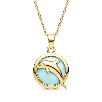 Sterling Silver Larimar Dolphin Pendant Over 18K Yellow Gold Plated With Chain 18 Inches