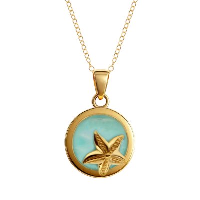 Sterling Silver Larimar Star FishPendant Over 18K Yellow Gold Plated With Chain 18 Inches