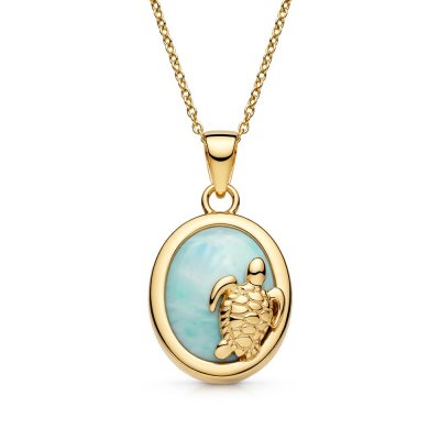 Sterling Silver Turtle Larimar Pendant Over 18K Yellow Gold Plated With Chain 18 Inches