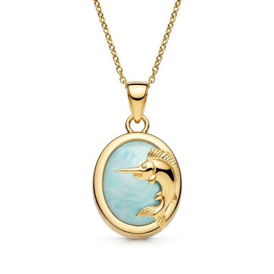 Sterling Silver Larimar Blue Marlin Pendant Over 18K Yellow Gold Plated With Chain 18 Inches