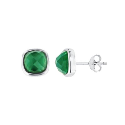 Sterling Silver Green Onyx Checkerboad Cutting Stud Earrings