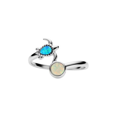 Sterling Silver Synthetic Blue And White Opal Turtle Ring