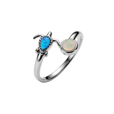 Sterling Silver Synthetic Blue And White Opal Turtle Ring