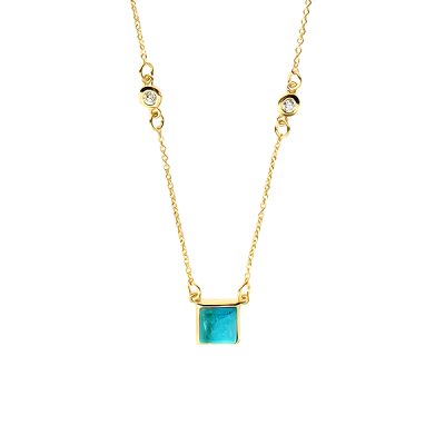 Sterling Silver Blue Turquoise With White Topaz Necklace Over 18K Yellow Gold Plated 18 Inches