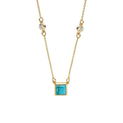 Sterling Silver Blue Turquoise With White Topaz Necklace Over 18K Yellow Gold Plated 18 Inches