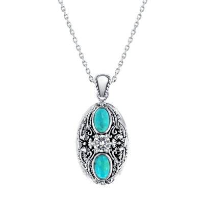 Sterling Silver Turquoise  and White CZ Pendant With Chain 18 Inches