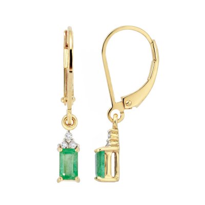 Sterling Silver Emerald & White Zircon Earrings Over 18K Yellow Gold Plated