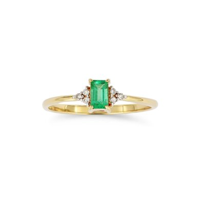 Sterling Silver Emerald & White Zircon Ring Over 18K Yellow Gold Plated