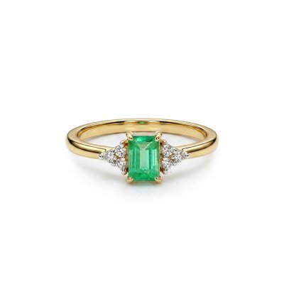 Sterling Silver Emerald & White Zircon Ring Over 18K Yellow Gold Plated
