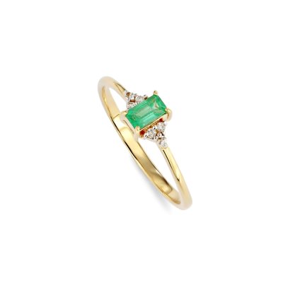 Sterling Silver Emerald & White Zircon Ring Over 18K Yellow Gold Plated