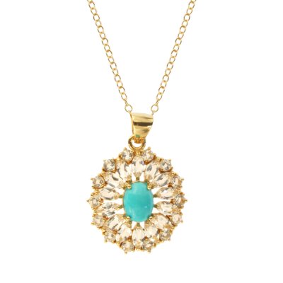 Sterling Silver Sleeping Turquoise & White Topaz Pendant Over 18K Yellow Gold Plated With Chain 18 Inches