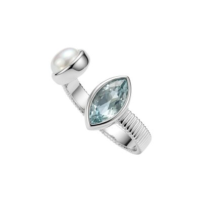 Sterling Silver Sky Blue Topaz With Freshwater Pearl Ring