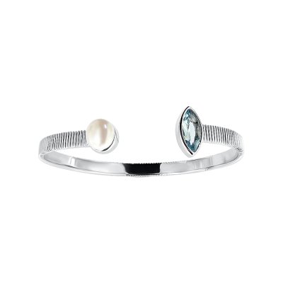 Sterling Silver Sky Blue Topaz With Freshwater Pearl Cuff Bangle 7.5 Inches