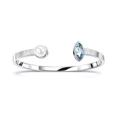 Sterling Silver Sky Blue Topaz With Freshwater Pearl Cuff Bangle 7.5 Inches