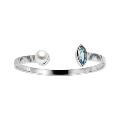 Sterling Silver Sky Blue Topaz With Freshwater Pearl Cuff Bangle 7.5 Inches
