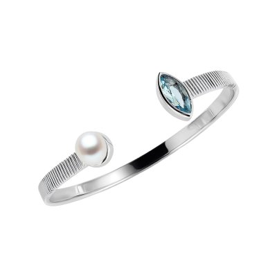Sterling Silver Sky Blue Topaz With Freshwater Pearl Cuff Bangle 7.5 Inches