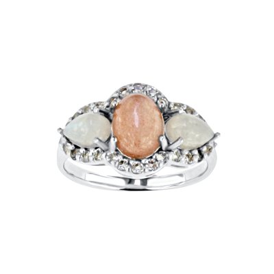 Sterling Silver Peach Moonstone and Rainbow Moonstone Ring