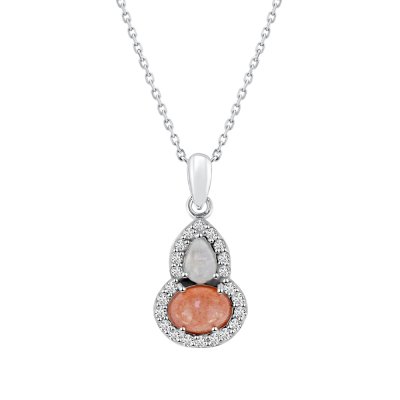 Sterling Silver Peach Moonstone and Rainbow Moonstone Pendant With chain 18 Inches